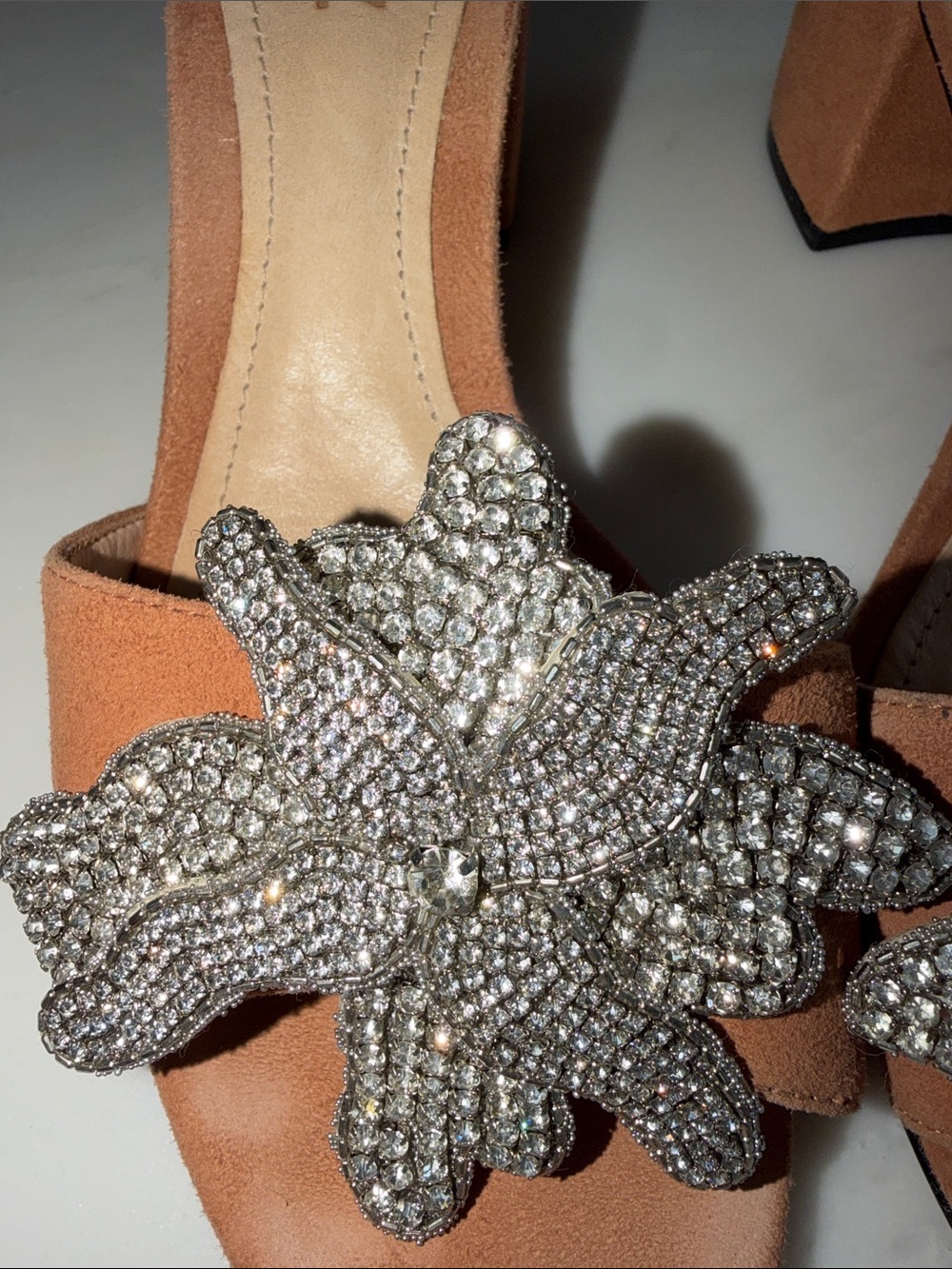 Schutz Ayanne Jeweled Flower Suede Block Heel Mule Sandals - Picture 2 of 5